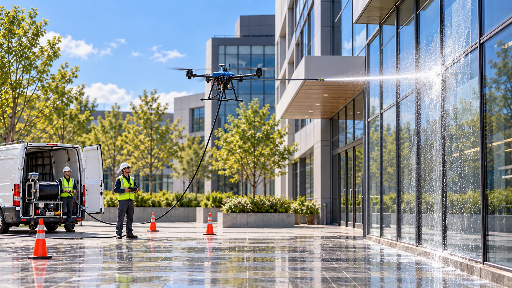 Drone washing a glass facade with ground crew
