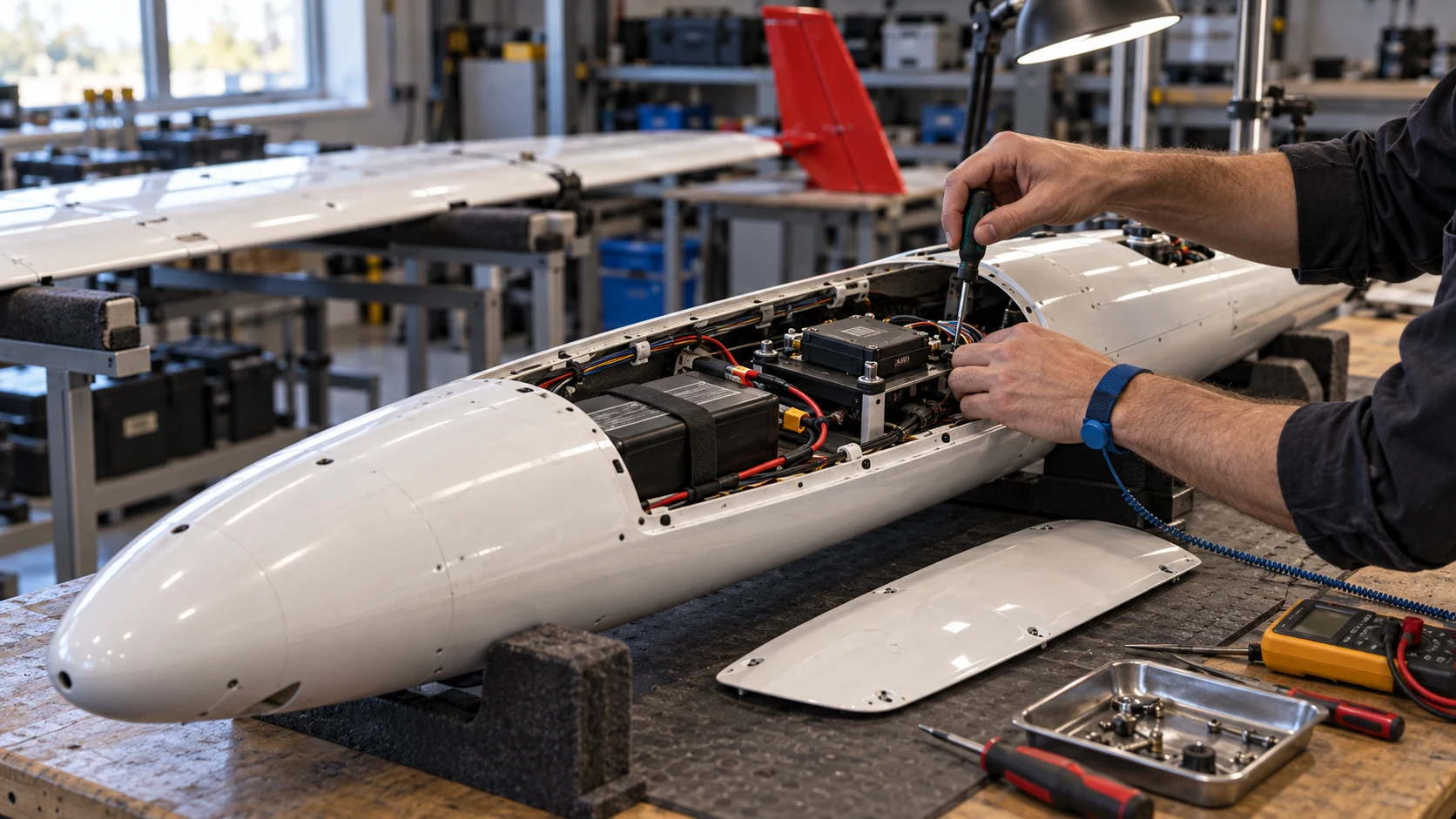 Technician integrating avionics inside an open UAV fuselage