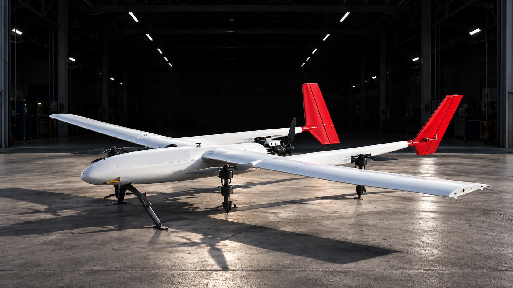 White VTOL aircraft with red tail fins parked in a hangar