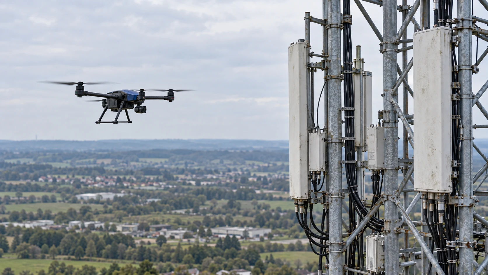 Camera drone inspecting a telecommunications tower
