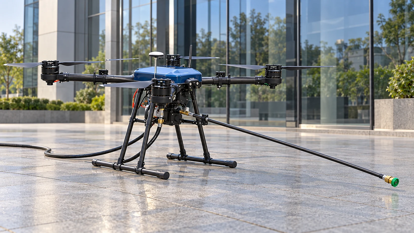 Blue facade-cleaning drone with lance and hose