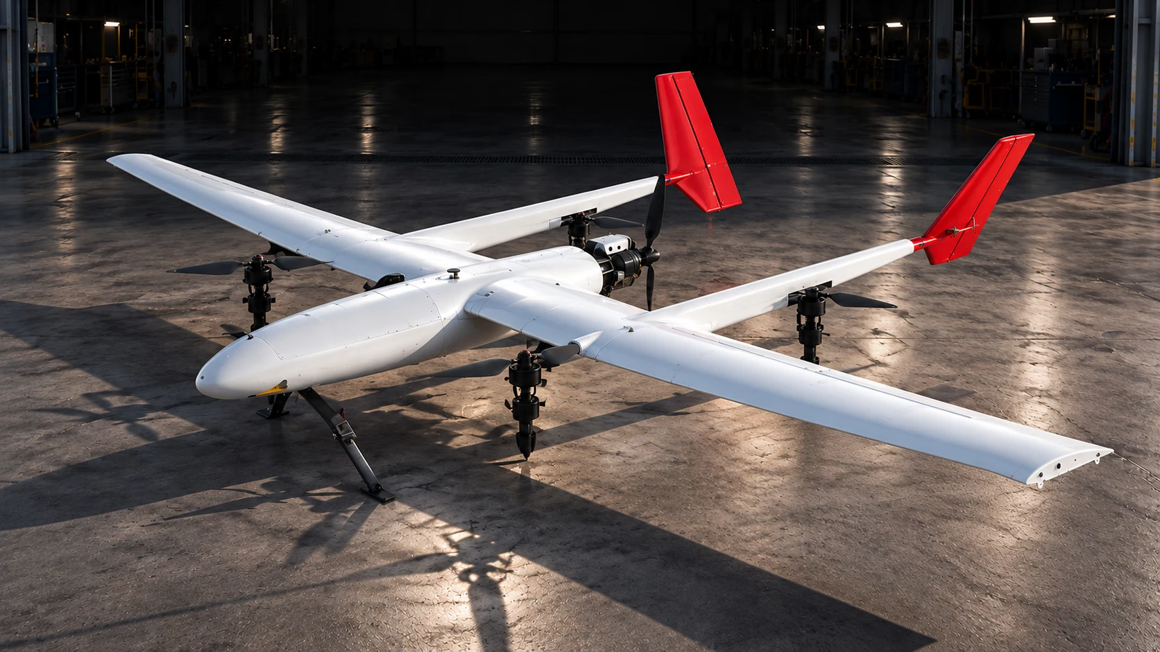 VTOL aircraft viewed from above in a hangar